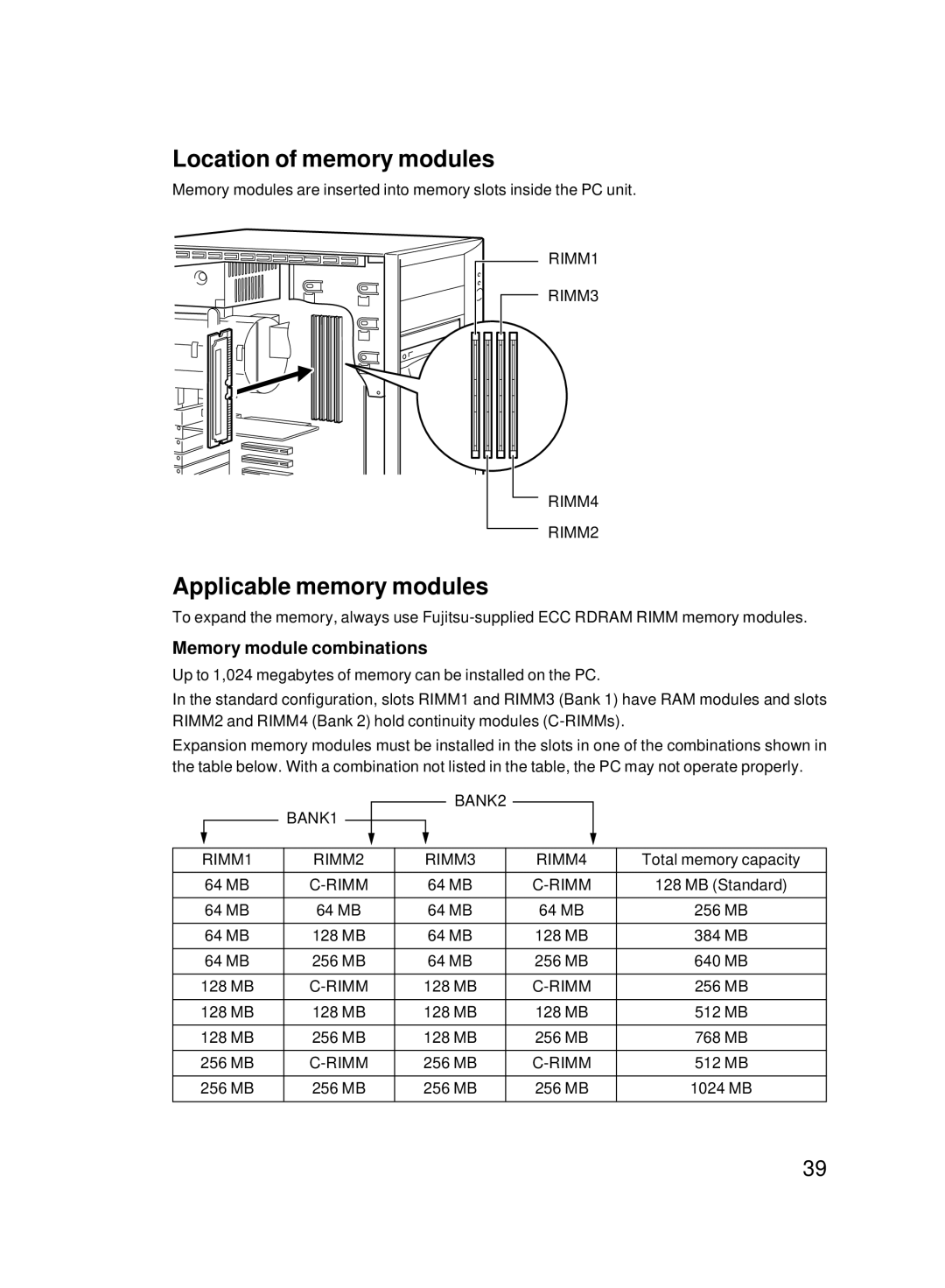 Fujitsu 8000 SERIES user manual Location of memory modules, Applicable memory modules, Memory module combinations 