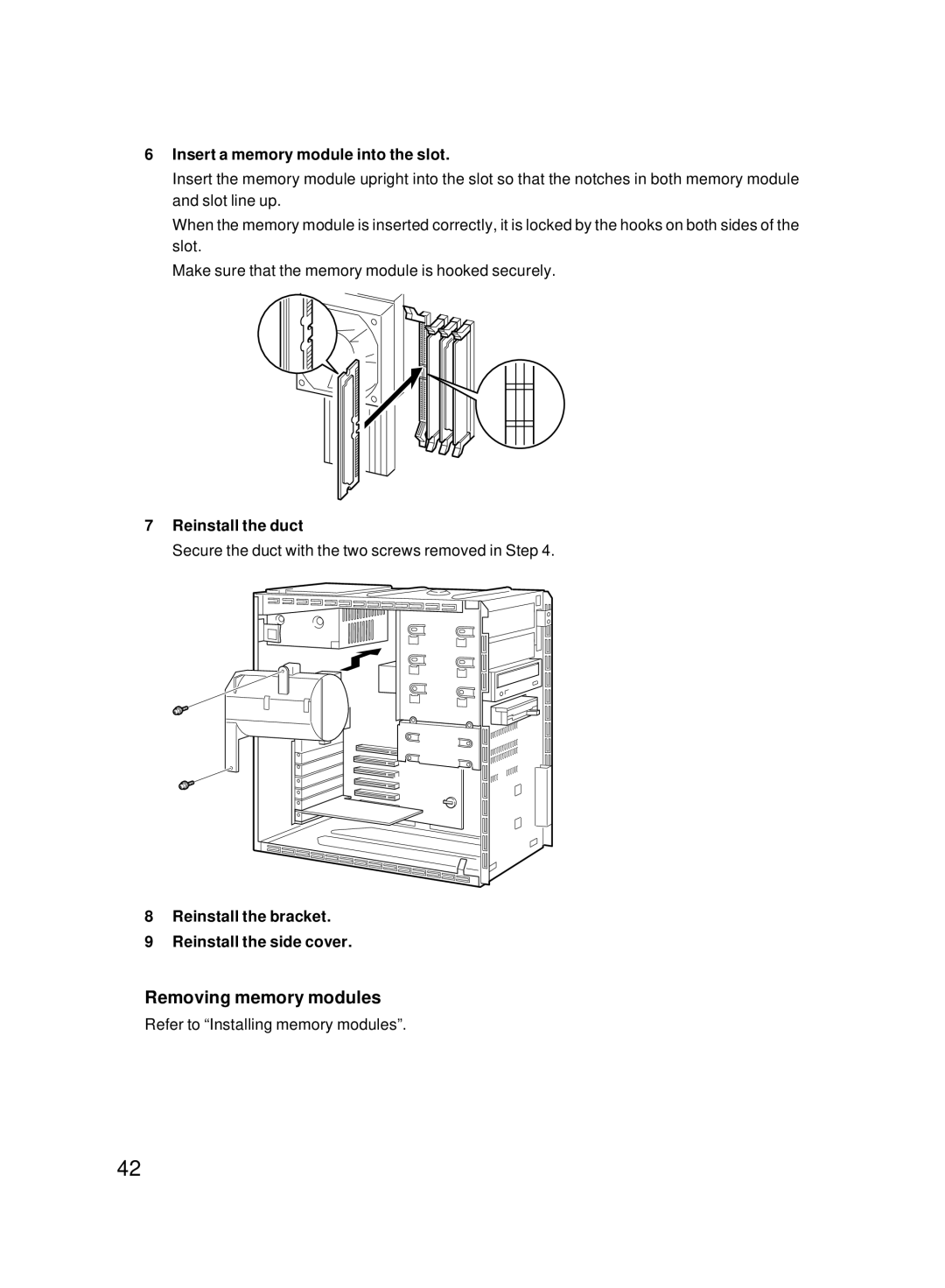 Fujitsu 8000 SERIES user manual Removing memory modules, Insert a memory module into the slot, Reinstall the duct 