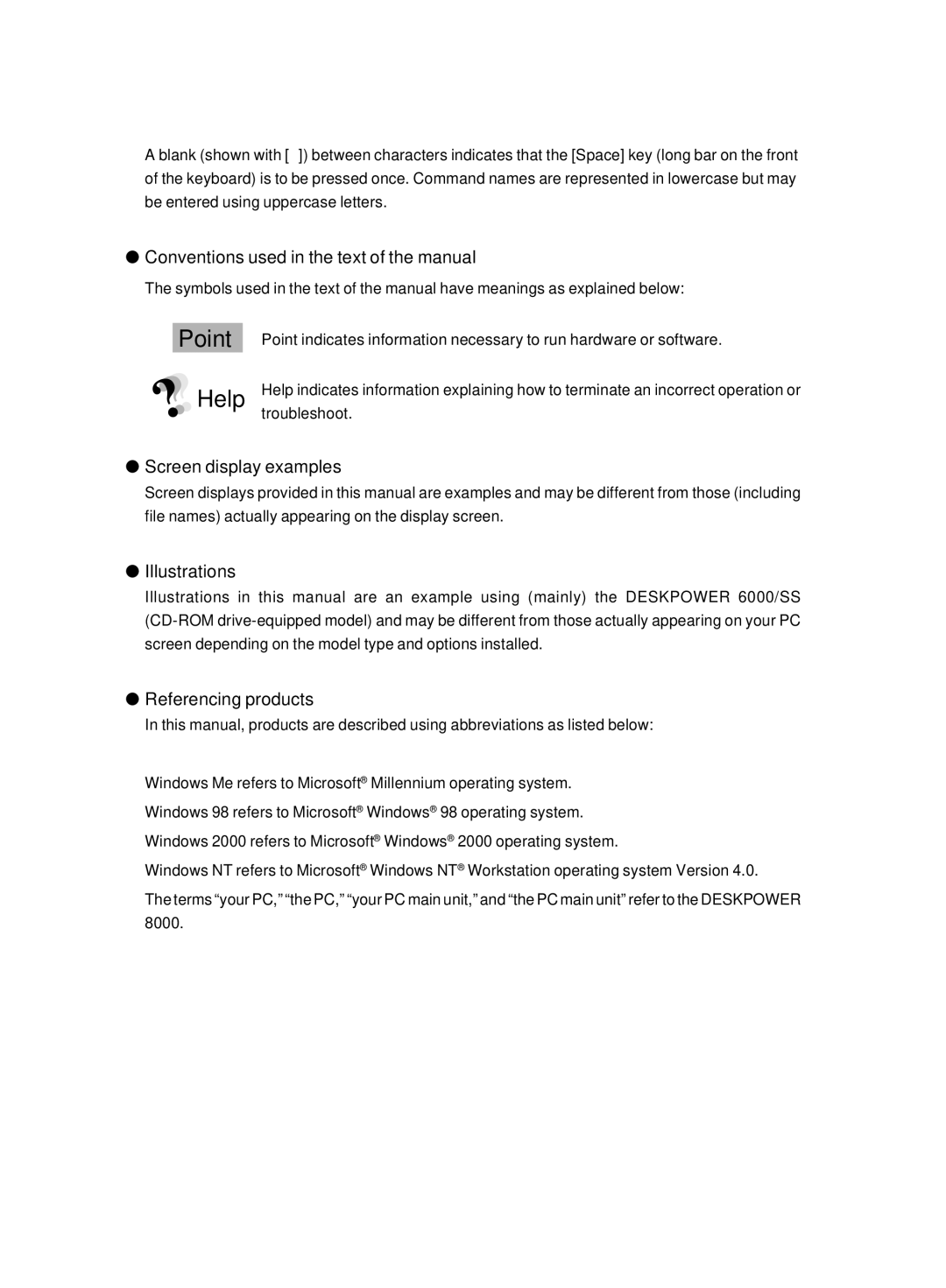 Fujitsu 8000 SERIES Point Help, Conventions used in the text of the manual, Screen display examples, Illustrations 