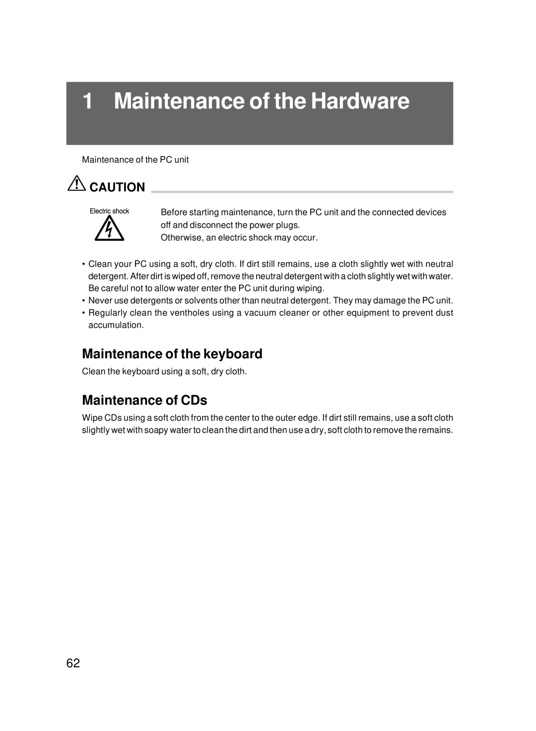 Fujitsu 8000 SERIES user manual Maintenance of the Hardware, Maintenance of the keyboard, Maintenance of CDs 