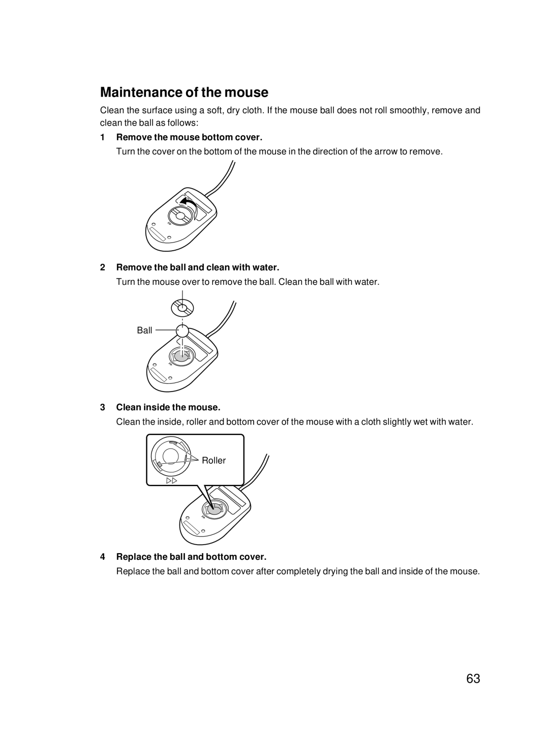 Fujitsu 8000 SERIES Maintenance of the mouse, Remove the mouse bottom cover, Remove the ball and clean with water 