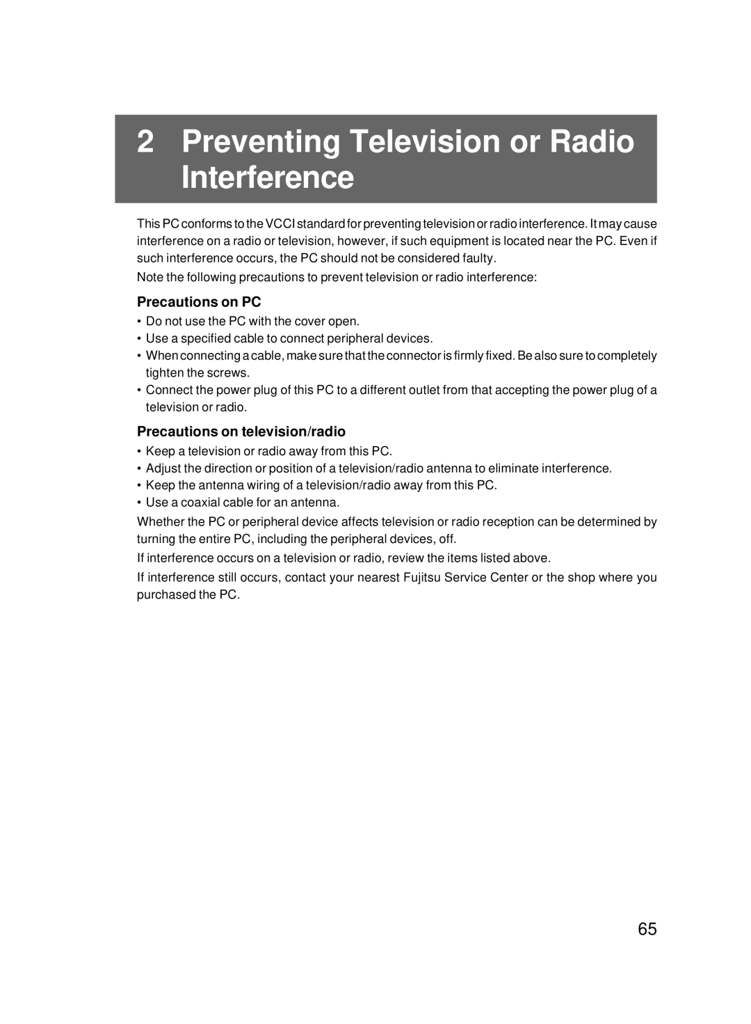 Fujitsu 8000 SERIES Preventing Television or Radio Interference, Precautions on PC, Precautions on television/radio 