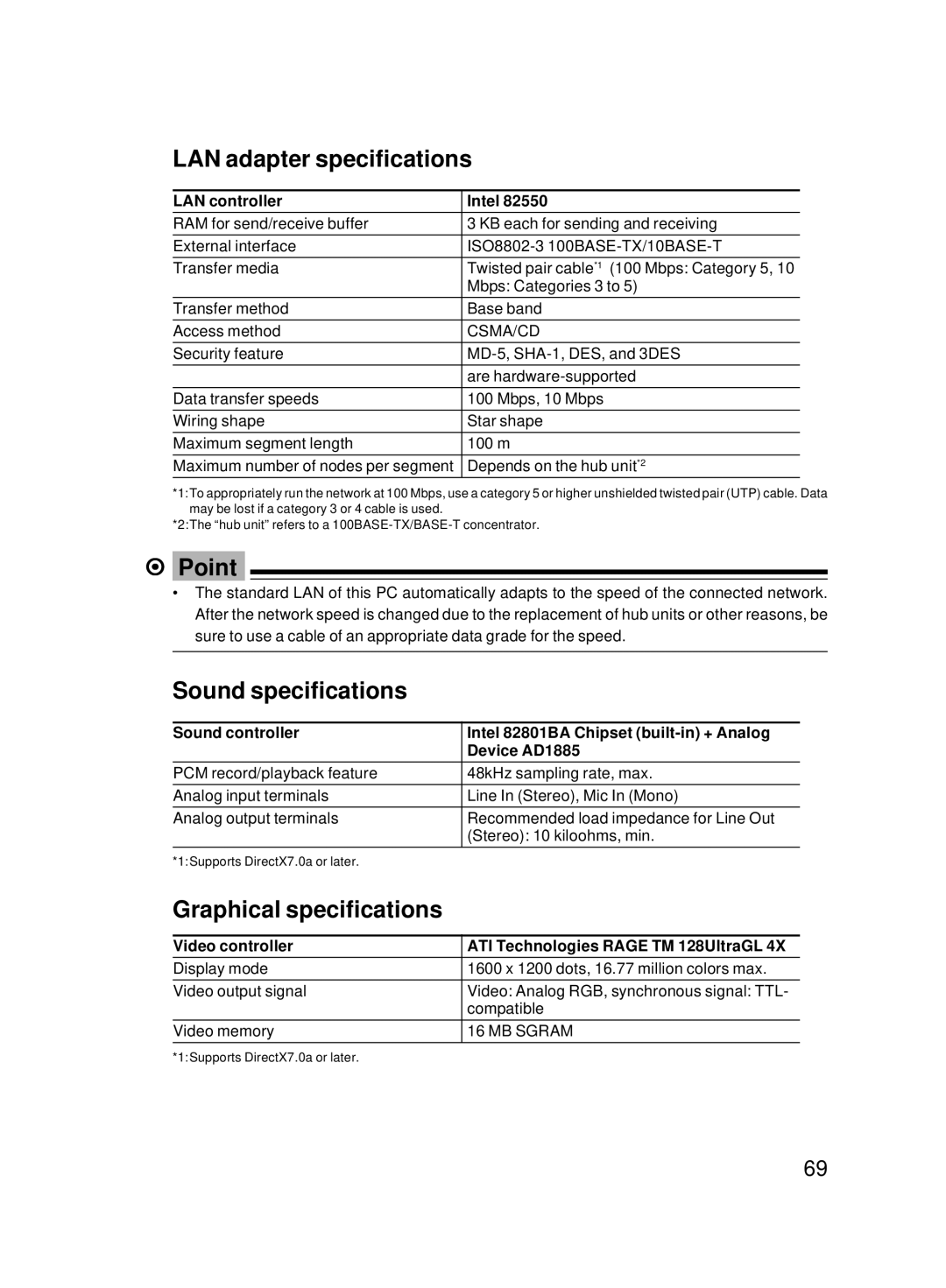 Fujitsu 8000 SERIES LAN adapter specifications, Sound specifications, Graphical specifications, LAN controller Intel 