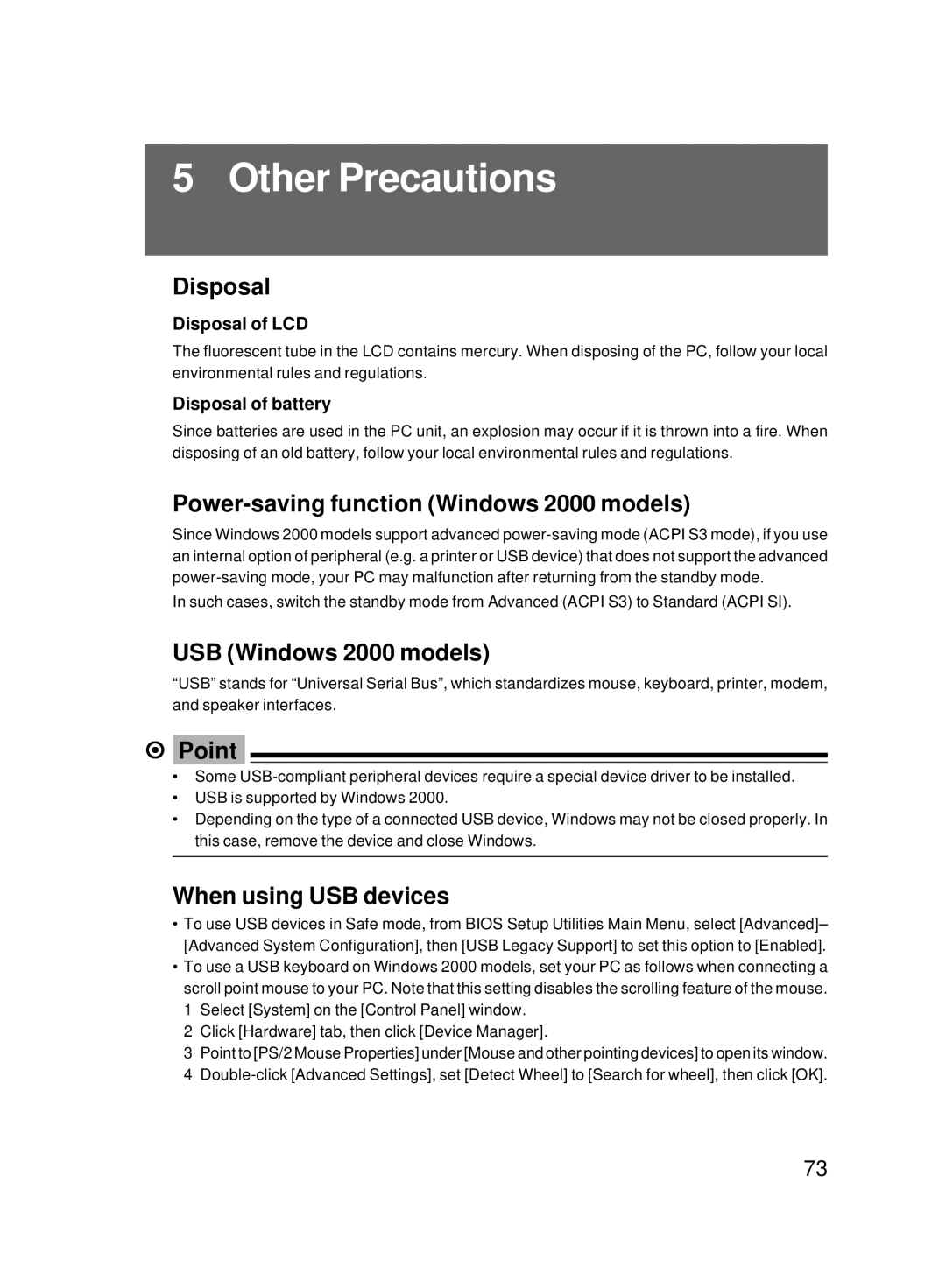 Fujitsu 8000 SERIES Other Precautions, Disposal, Power-saving function Windows 2000 models, USB Windows 2000 models 