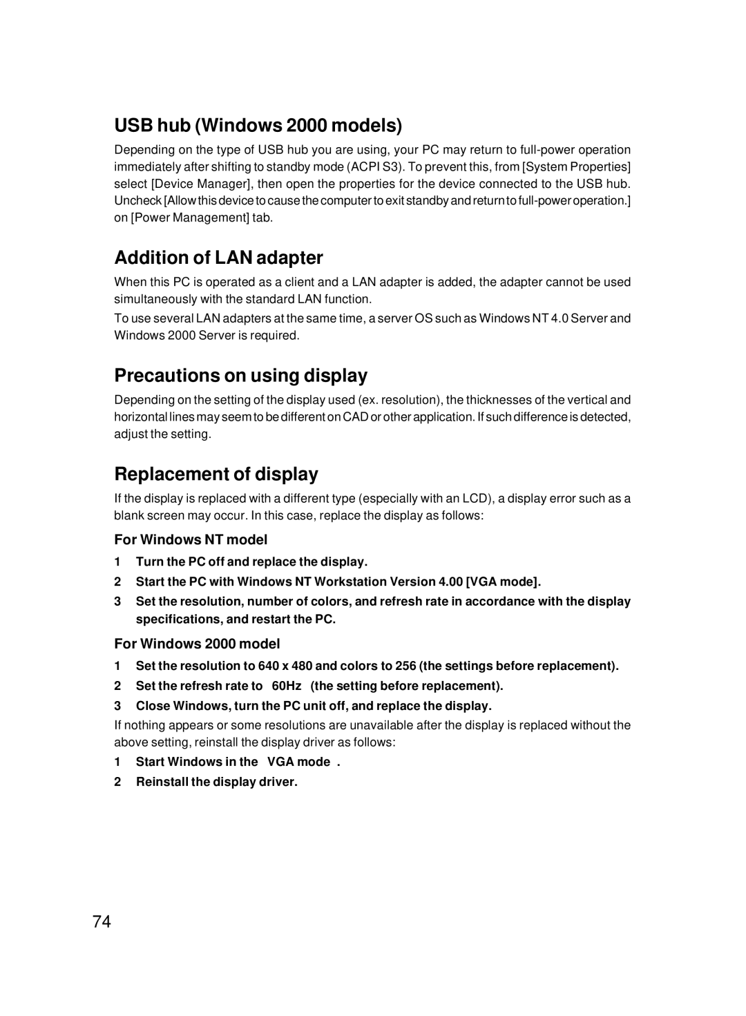 Fujitsu 8000 SERIES user manual USB hub Windows 2000 models, Addition of LAN adapter, Precautions on using display 