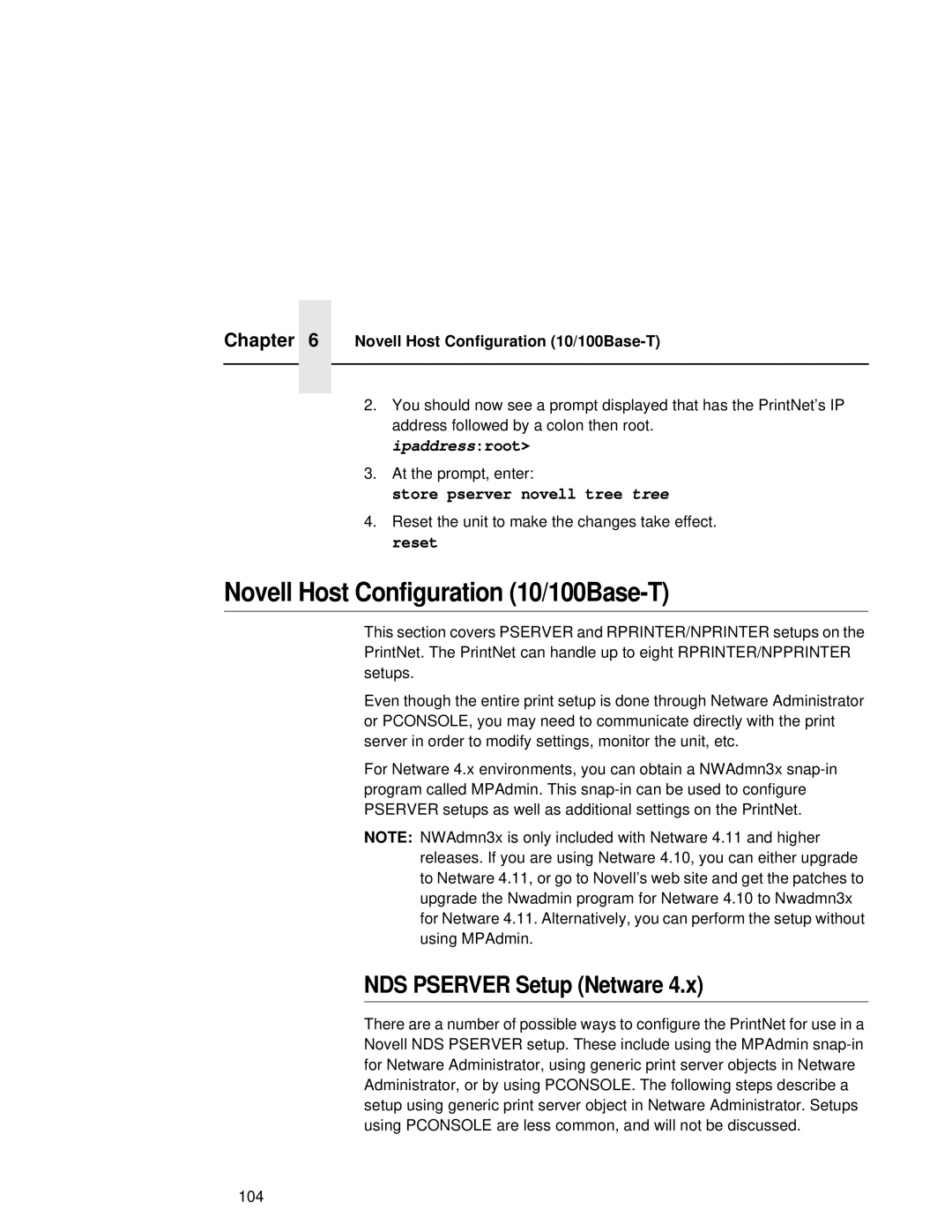 Fujitsu 9045 user manual Novell Host Configuration 10/100Base-T, NDS Pserver Setup Netware, Store pserver novell tree tree 