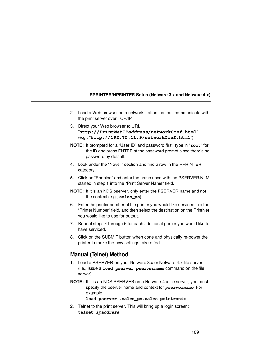 Fujitsu 9045 user manual Load pserver .salesps.sales.printronix, RPRINTER/NPRINTER Setup Netware 3.x and Netware 