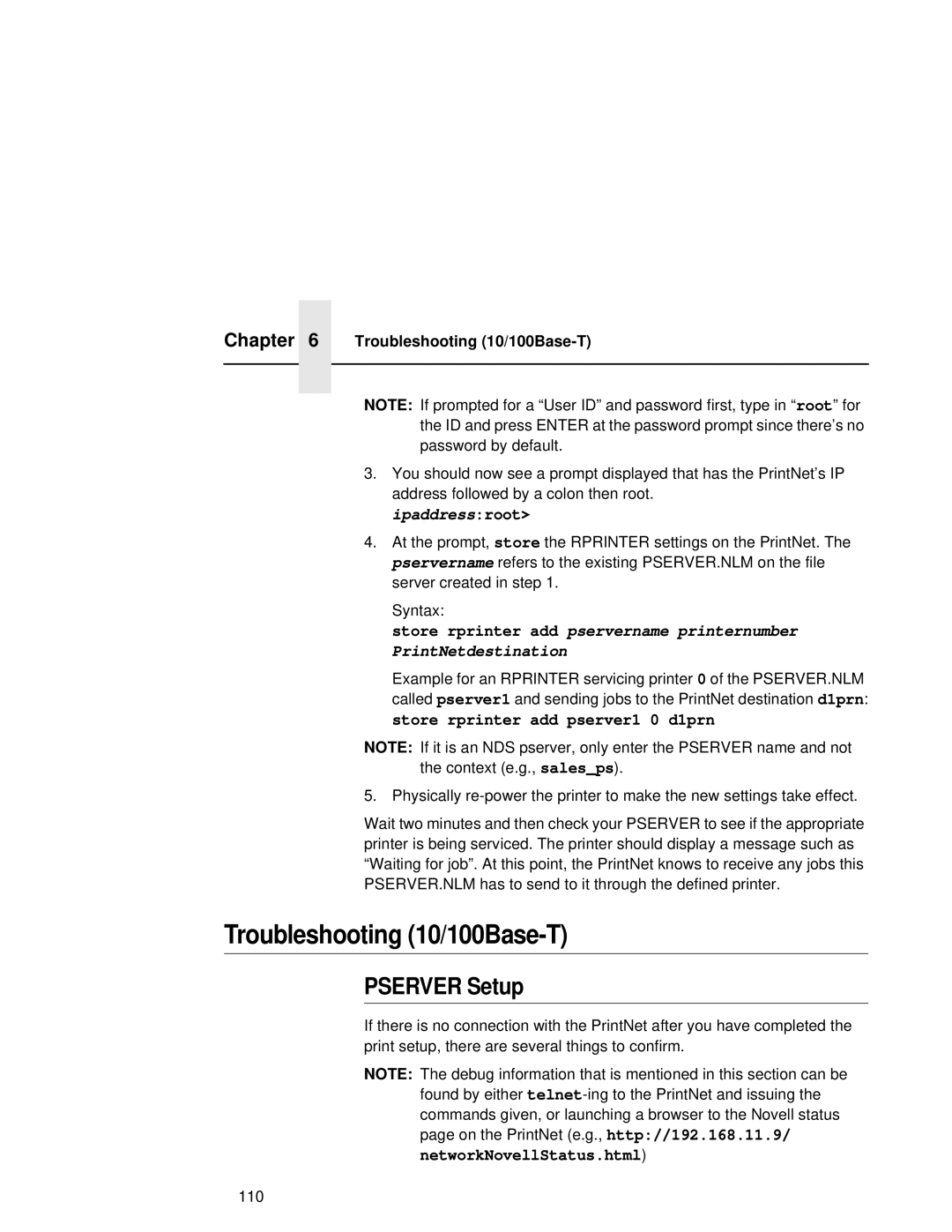 Fujitsu 9045 user manual Troubleshooting 10/100Base-T, Pserver Setup, NetworkNovellStatus.html 