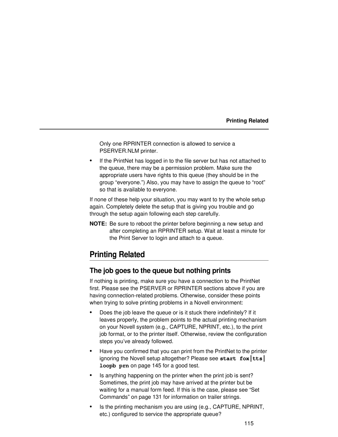 Fujitsu 9045 user manual Printing Related, Job goes to the queue but nothing prints 