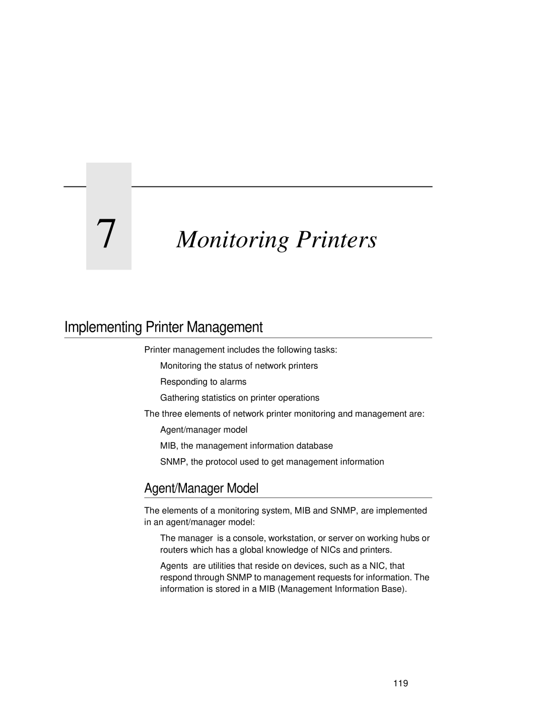 Fujitsu 9045 user manual Implementing Printer Management, Agent/Manager Model 