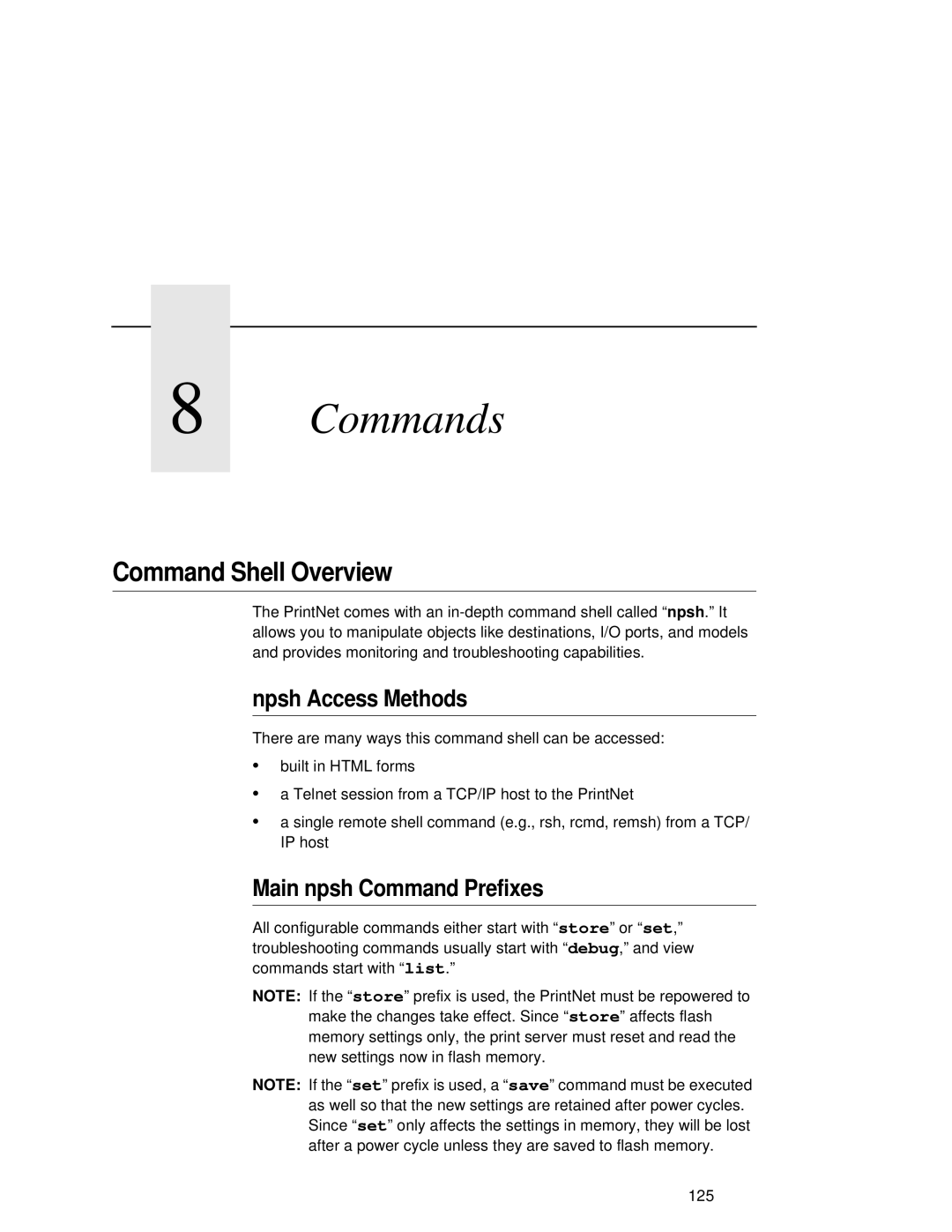 Fujitsu 9045 user manual Command Shell Overview, Npsh Access Methods, Main npsh Command Prefixes 