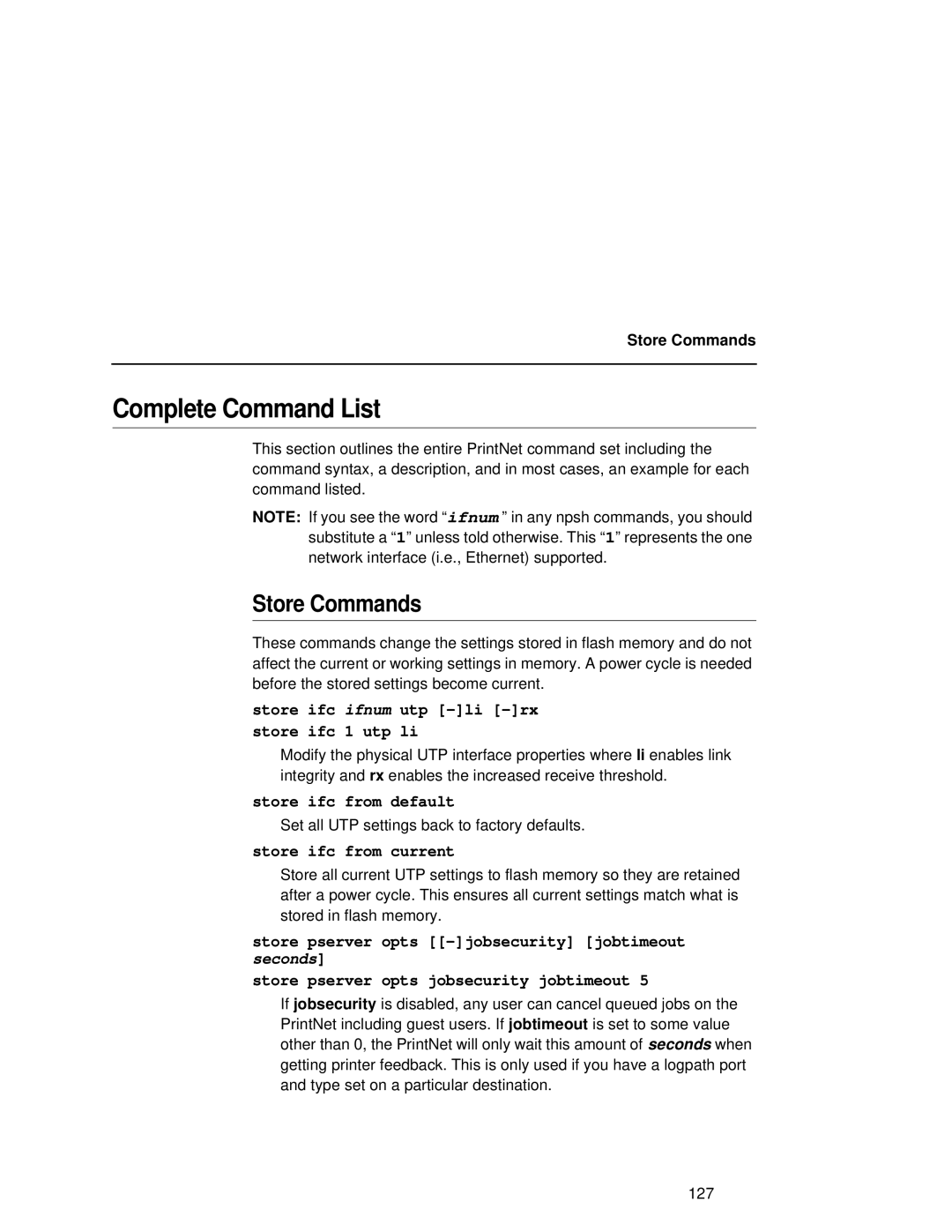 Fujitsu 9045 Complete Command List, Store Commands, Store ifc ifnum utp -li -rx Store ifc 1 utp li, Store ifc from default 