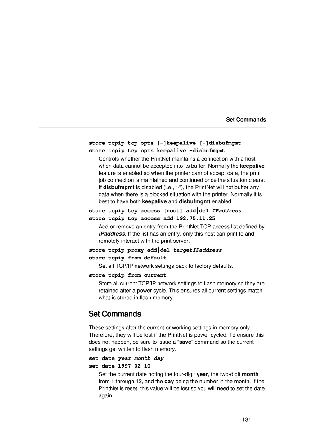 Fujitsu 9045 user manual Set Commands, Store tcpip from current, Set date year month day, Set date 1997 02 