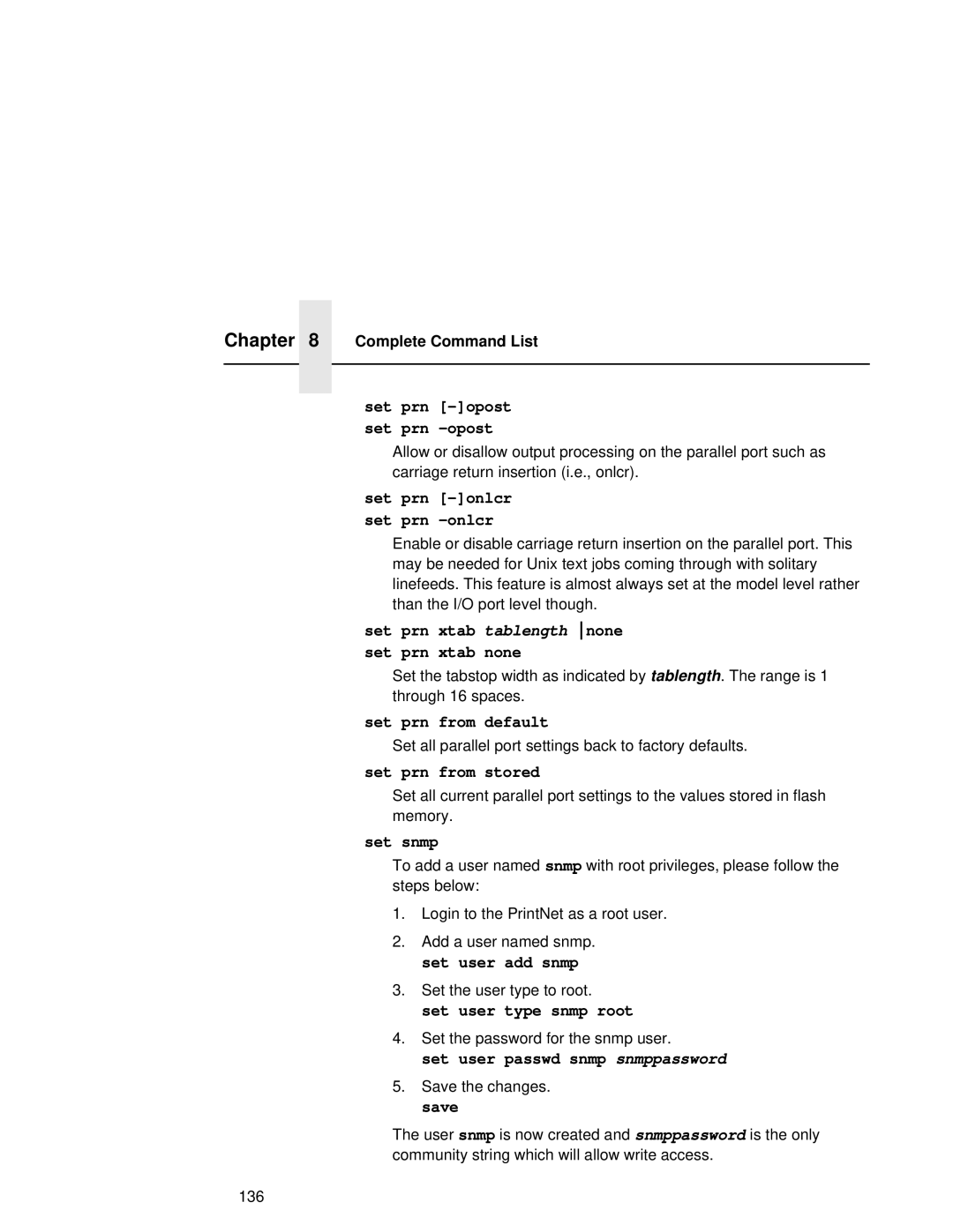 Fujitsu 9045 user manual Set prn xtab tablength none set prn xtab none, Set prn from default, Set prn from stored, Set snmp 