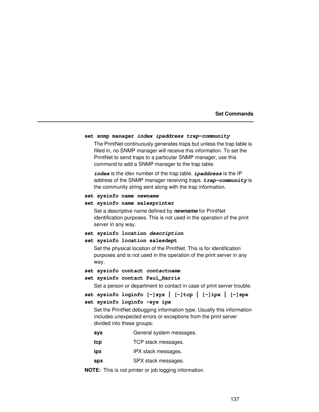 Fujitsu 9045 Set snmp manager index ipaddress trap-community, Set sysinfo name newname Set sysinfo name salesprinter 