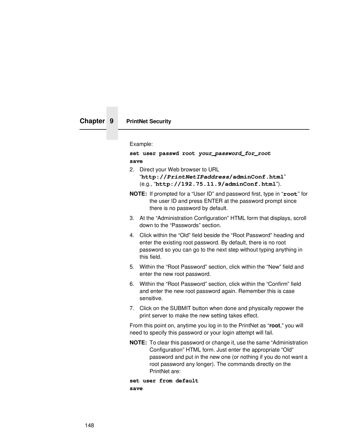 Fujitsu 9045 user manual Set user passwd root yourpasswordforroot, Set user from default Save, PrintNet Security 