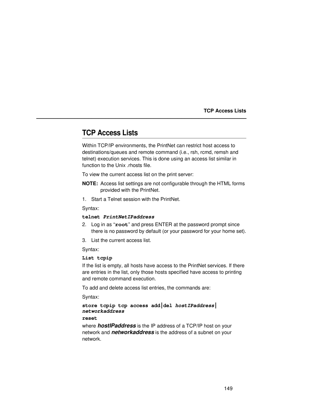 Fujitsu 9045 user manual TCP Access Lists, Telnet PrintNetIPaddress 