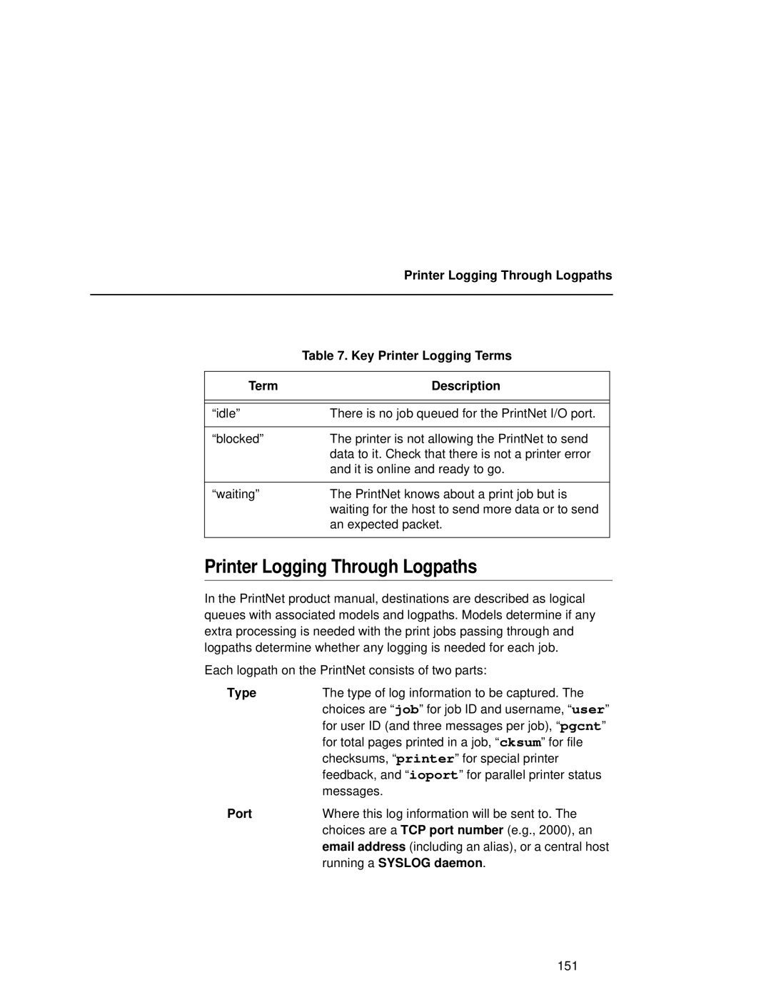 Fujitsu 9045 user manual Printer Logging Through Logpaths, Type, Port, Running a Syslog daemon 