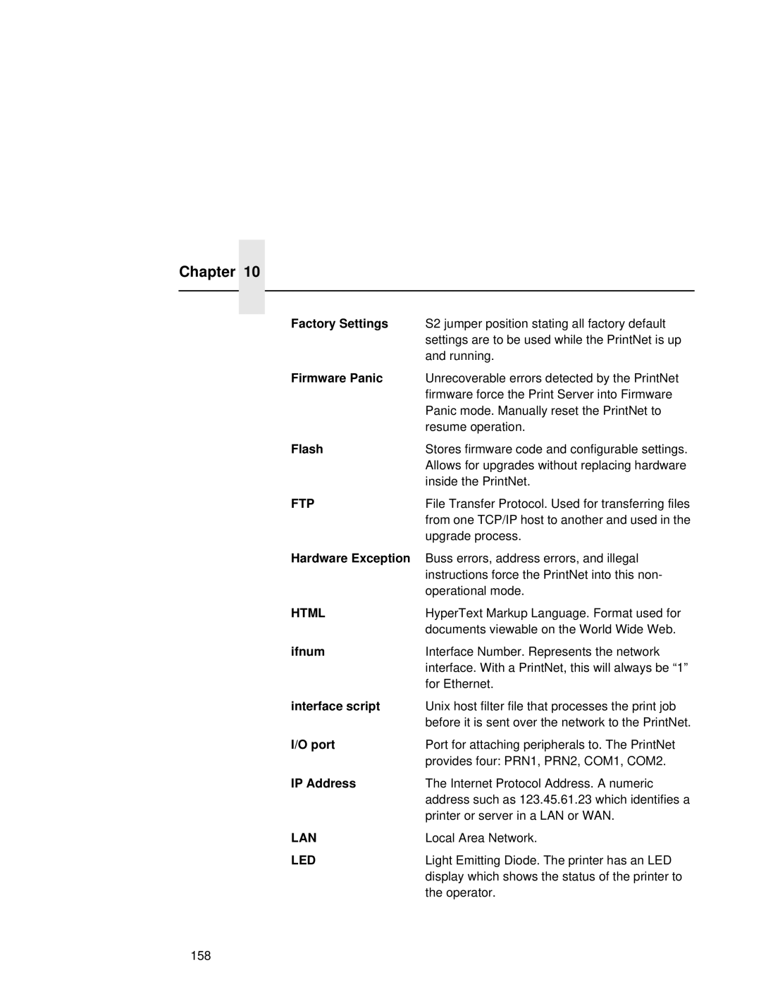 Fujitsu 9045 user manual Factory Settings, Firmware Panic, Flash, Hardware Exception, Ifnum, Interface script, IP Address 