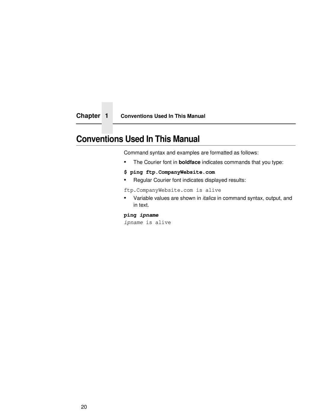 Fujitsu 9045 user manual Conventions Used In This Manual, $ ping ftp.CompanyWebsite.com, Ping ipname 