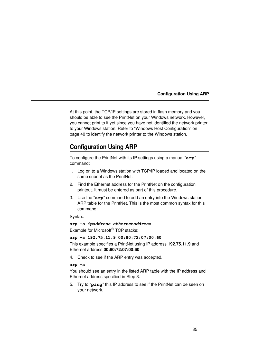 Fujitsu 9045 user manual Configuration Using ARP, Arp -sipaddress ethernetaddress, Arp -s 192.75.11.9, Arp -a 