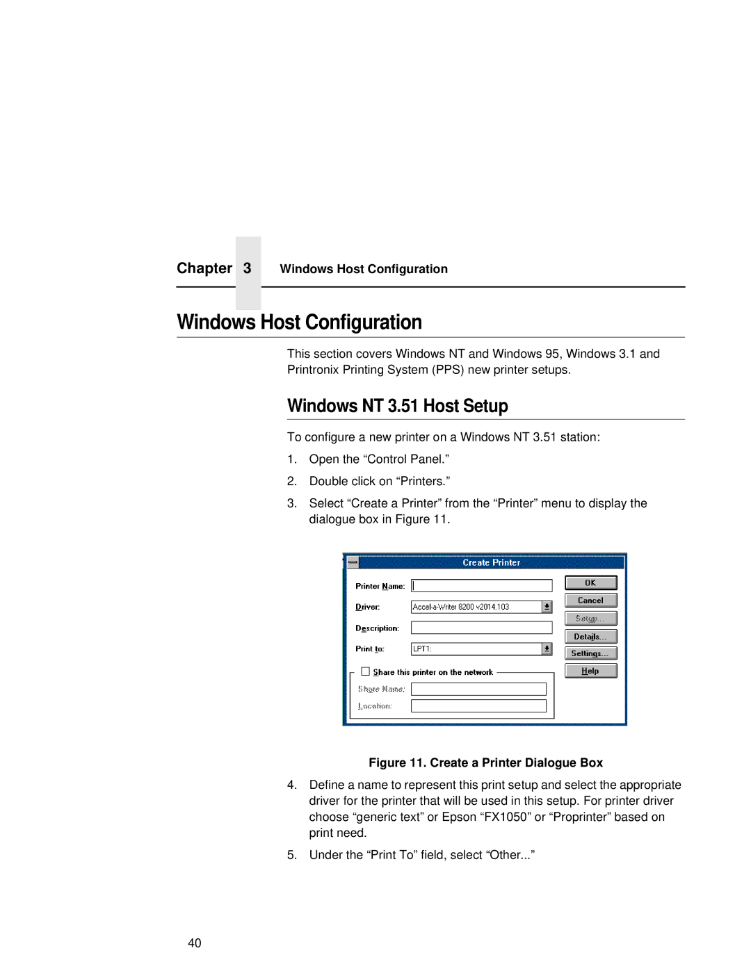 Fujitsu 9045 user manual Windows Host Configuration, Windows NT 3.51 Host Setup 