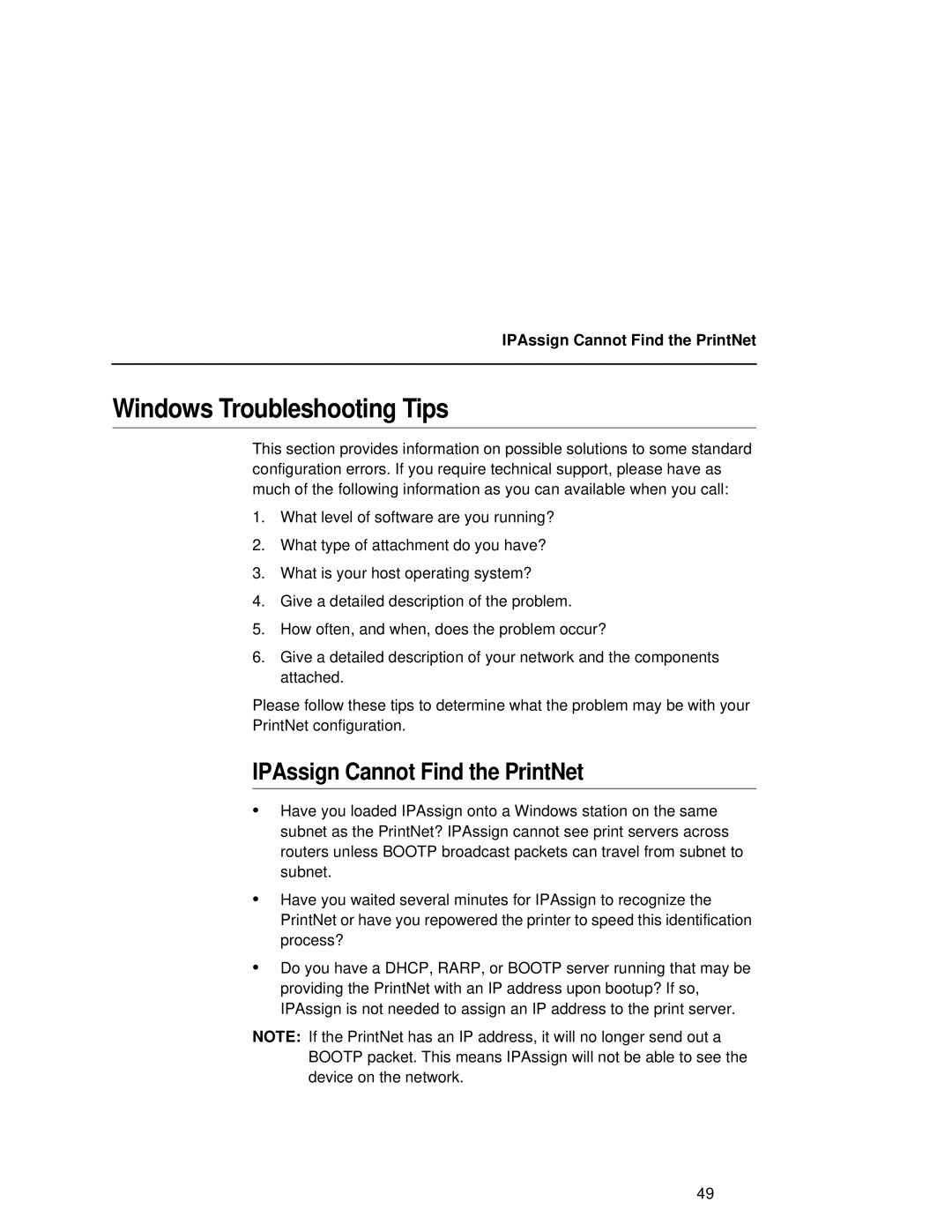 Fujitsu 9045 user manual Windows Troubleshooting Tips, IPAssign Cannot Find the PrintNet 