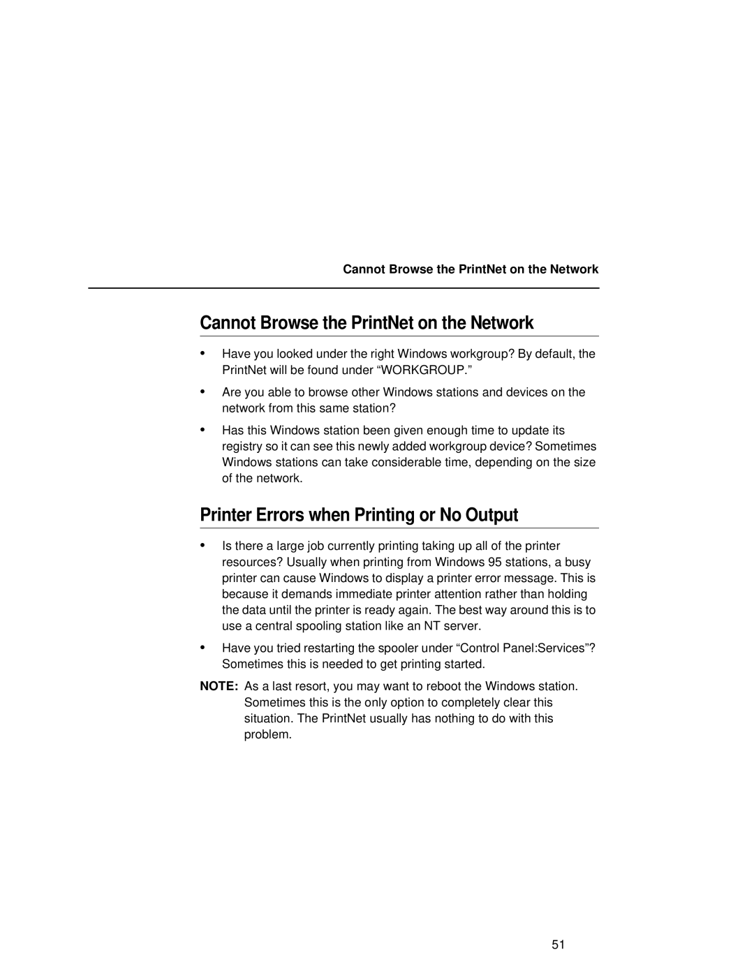 Fujitsu 9045 user manual Cannot Browse the PrintNet on the Network, Printer Errors when Printing or No Output 