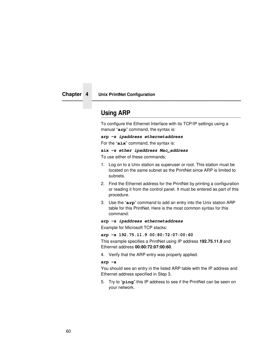 Fujitsu 9045 user manual Using ARP, Aix -sether ipaddress Macaddress, Unix PrintNet Configuration 