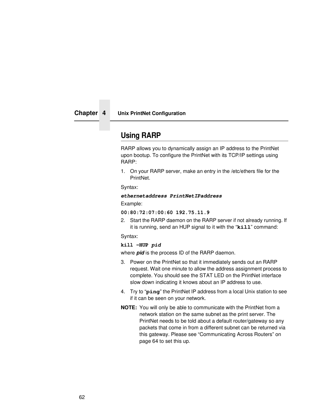 Fujitsu 9045 user manual Using Rarp, Ethernetaddress PrintNetIPaddress, 008072070060, Kill -HUP pid 