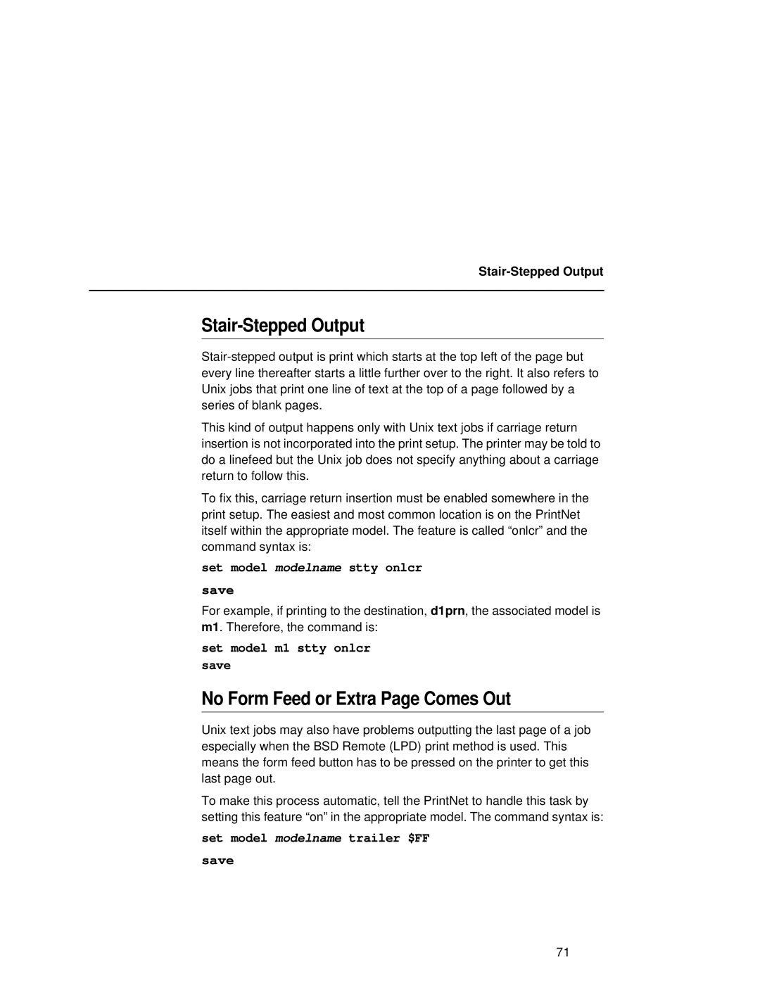 Fujitsu 9045 user manual Stair-Stepped Output, No Form Feed or Extra Page Comes Out, Set model modelname stty onlcr Save 