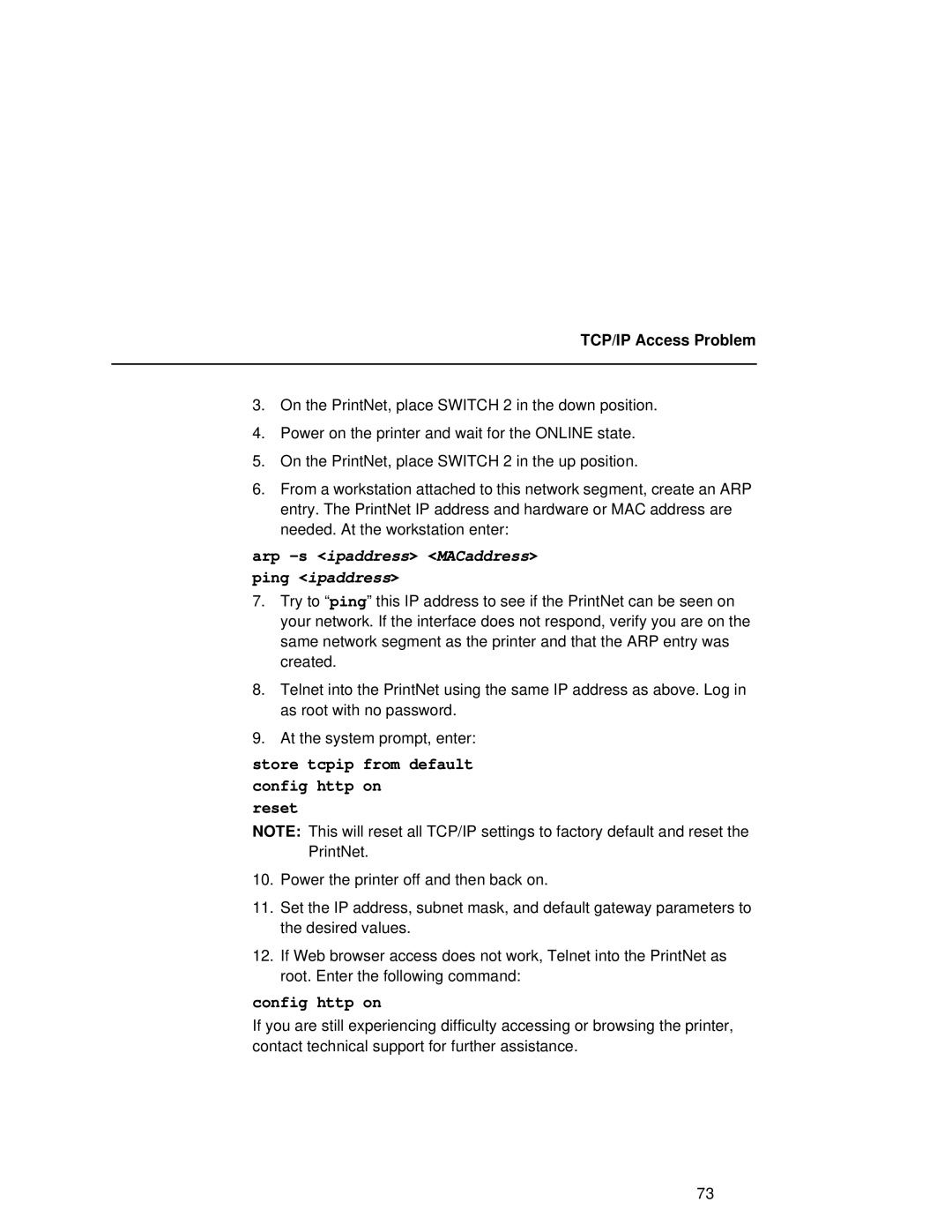 Fujitsu 9045 user manual Store tcpip from default Config http on Reset, TCP/IP Access Problem 