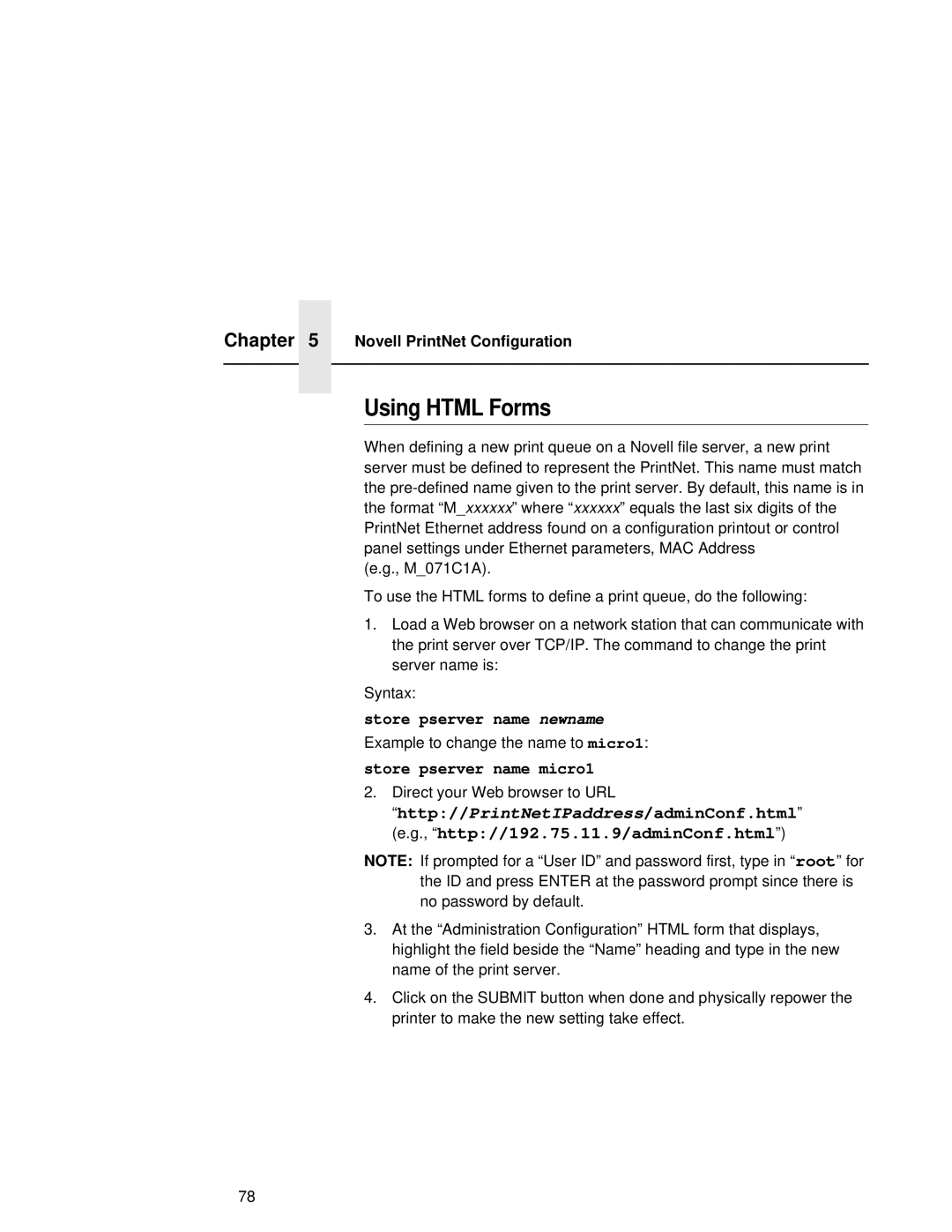 Fujitsu 9045 Using Html Forms, Store pserver name newname, Store pserver name micro1, Novell PrintNet Configuration 