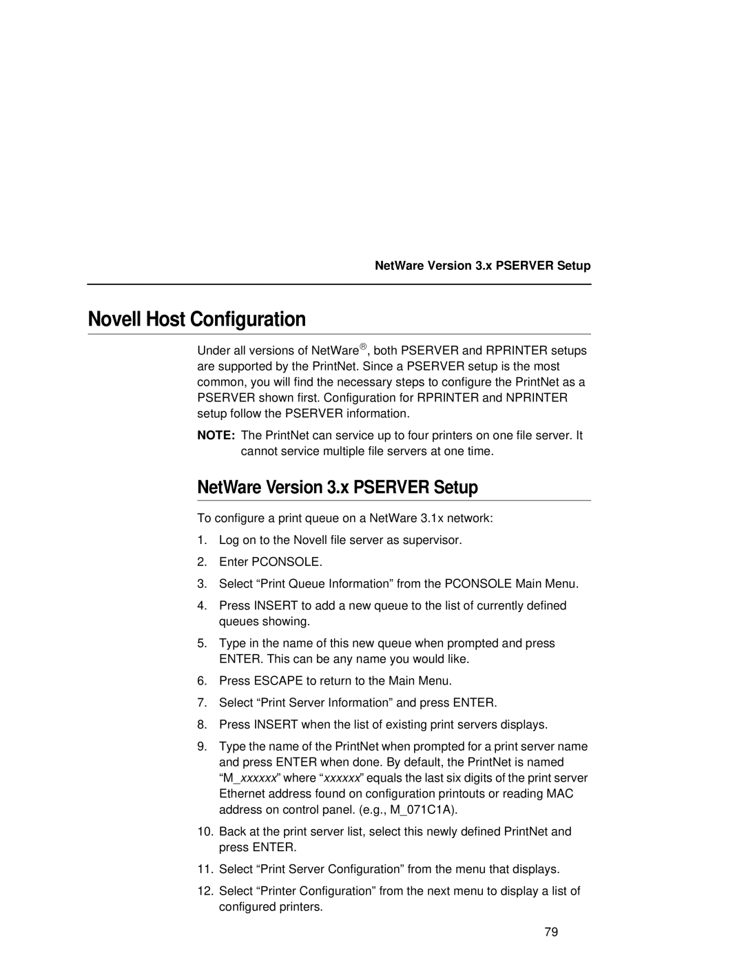 Fujitsu 9045 user manual Novell Host Configuration, NetWare Version 3.x Pserver Setup 