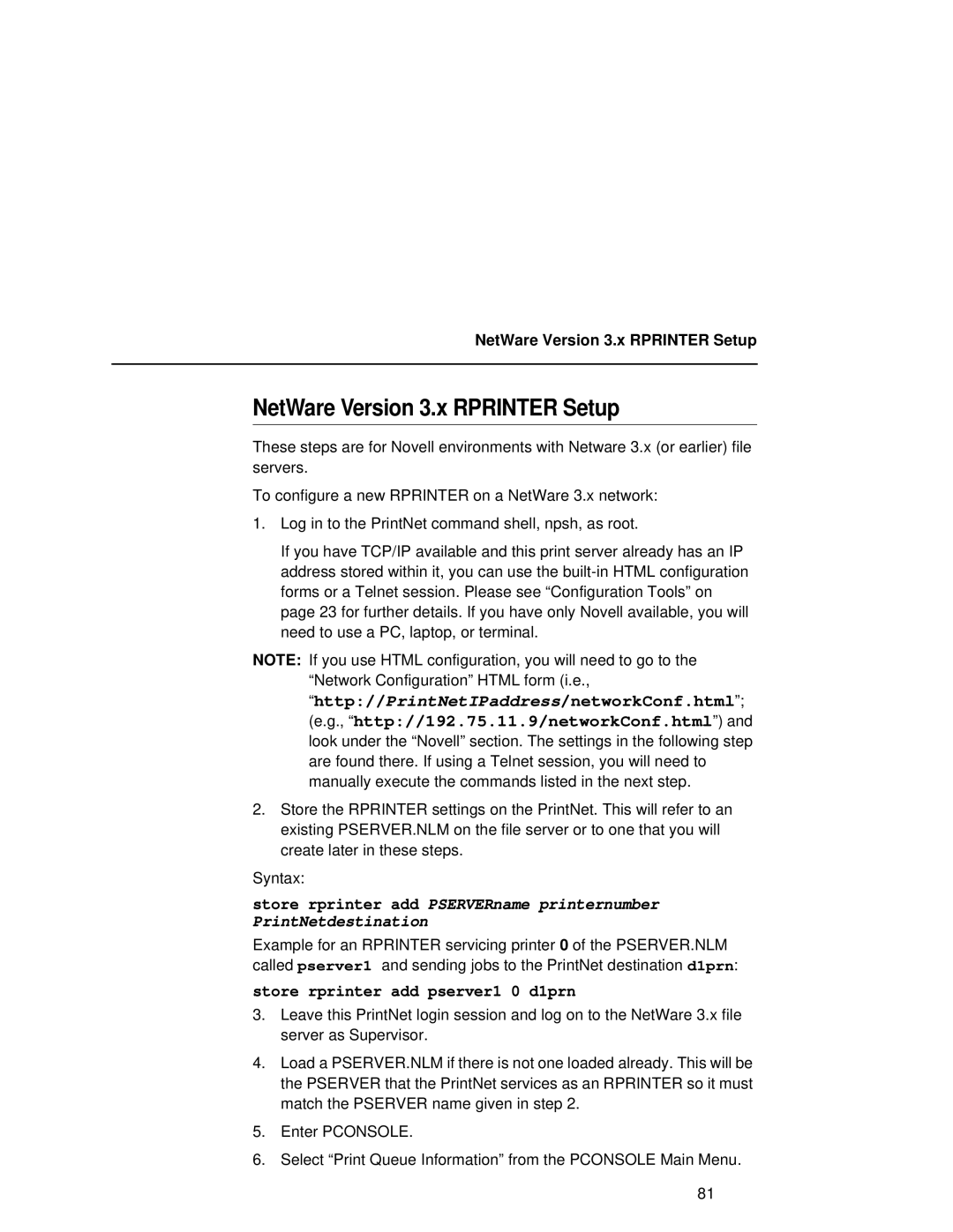 Fujitsu 9045 user manual NetWare Version 3.x Rprinter Setup, Store rprinter add pserver1 0 d1prn 