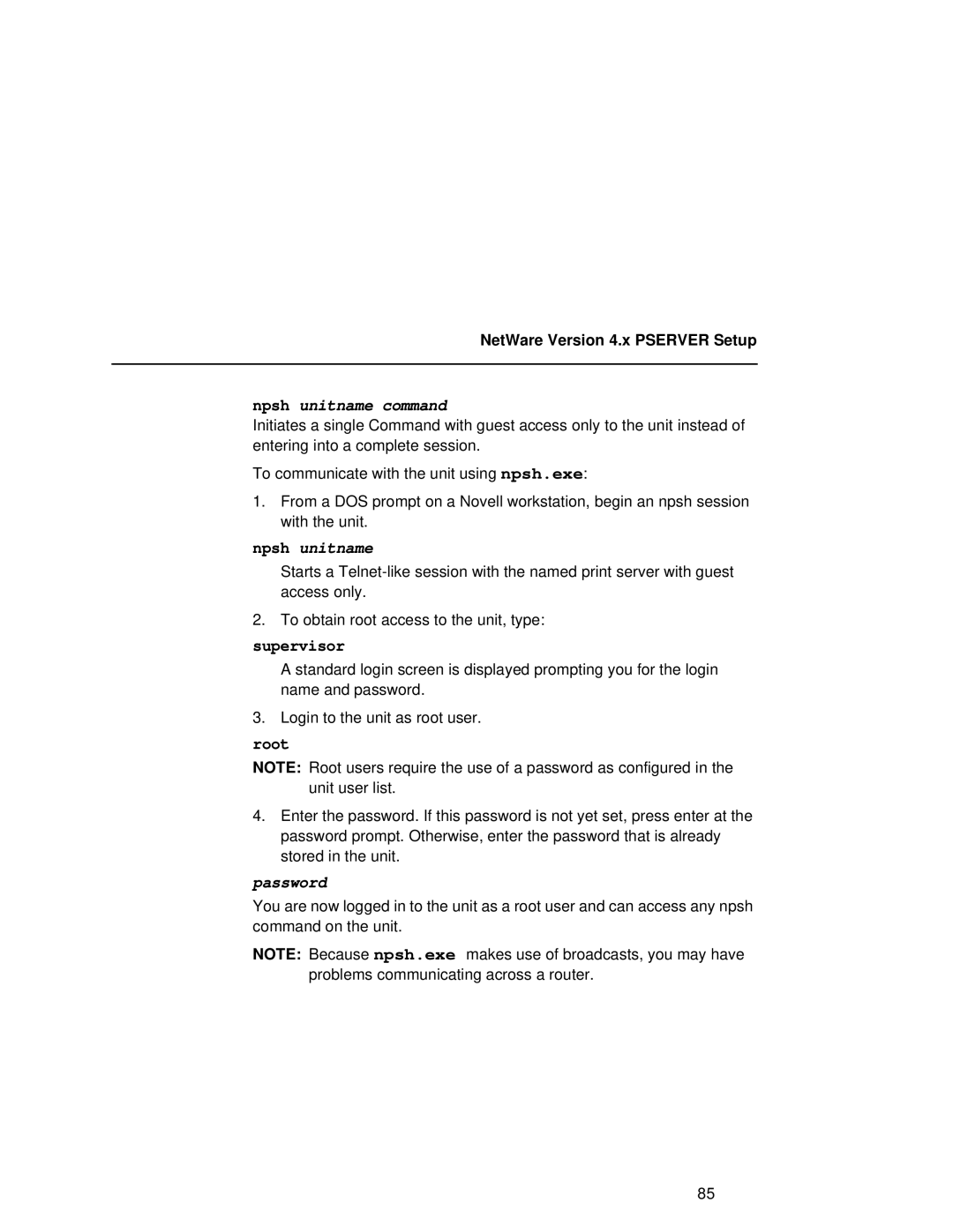 Fujitsu 9045 user manual Npsh unitname command, Supervisor, Root, Password 