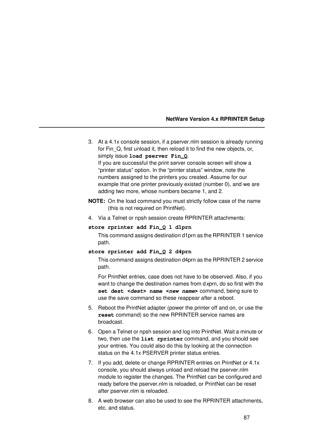 Fujitsu 9045 Store rprinter add FinQ 1 d1prn, Store rprinter add FinQ 2 d4prn, NetWare Version 4.x Rprinter Setup 