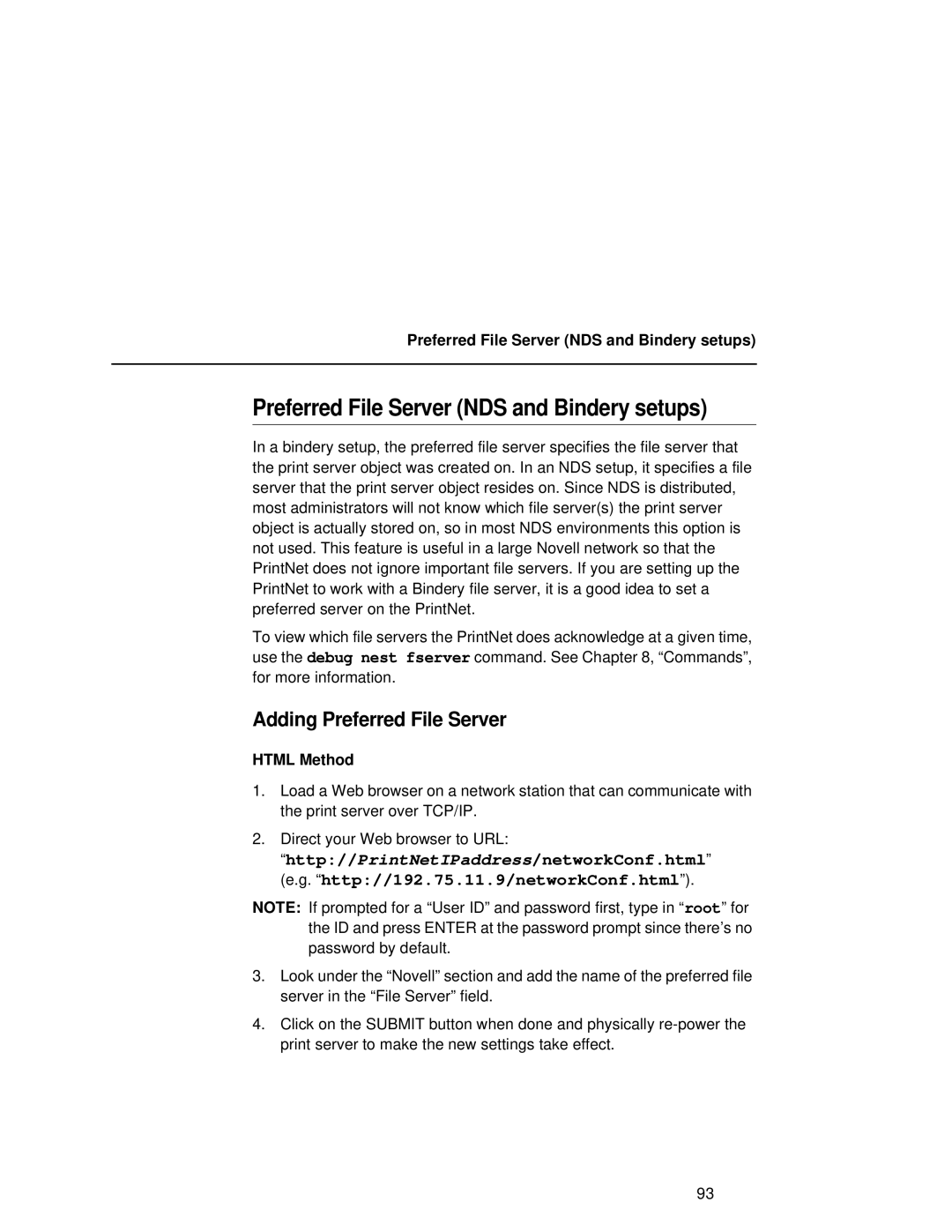 Fujitsu 9045 user manual Preferred File Server NDS and Bindery setups, Adding Preferred File Server, Html Method 