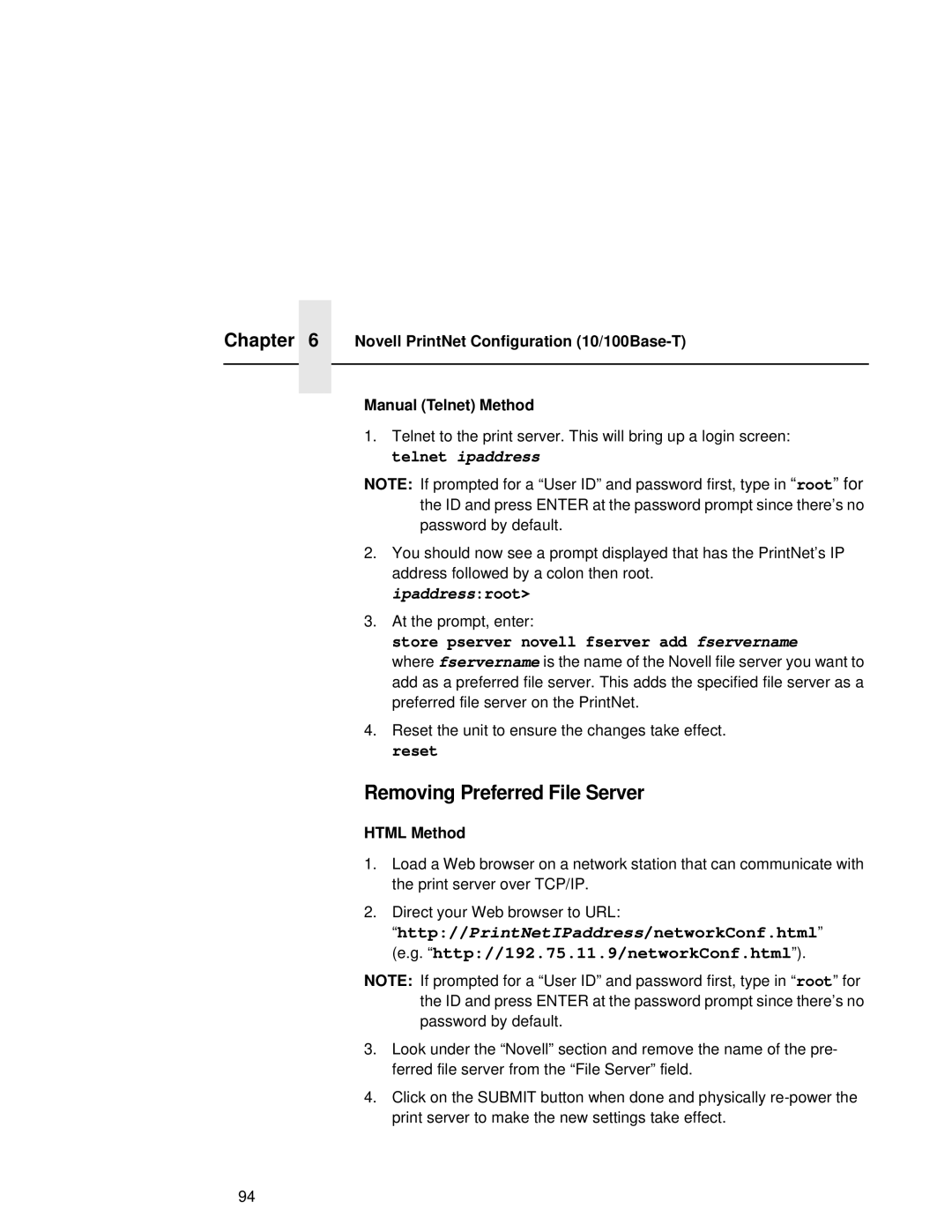 Fujitsu 9045 user manual Removing Preferred File Server, Ipaddressroot, Store pserver novell fserver add fservername 