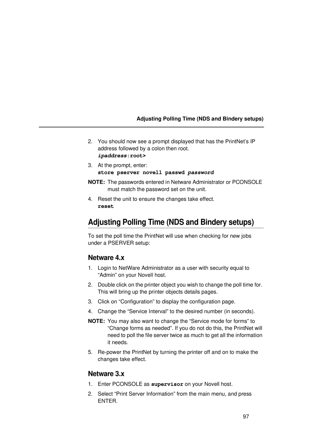 Fujitsu 9045 user manual Adjusting Polling Time NDS and Bindery setups, Store pserver novell passwd password 