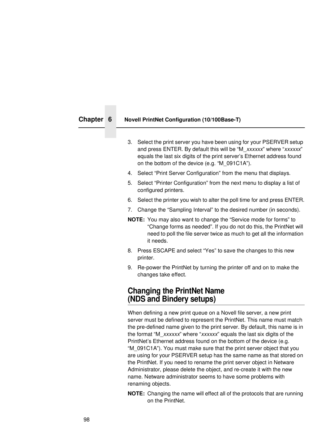 Fujitsu 9045 user manual Changing the PrintNet Name NDS and Bindery setups 