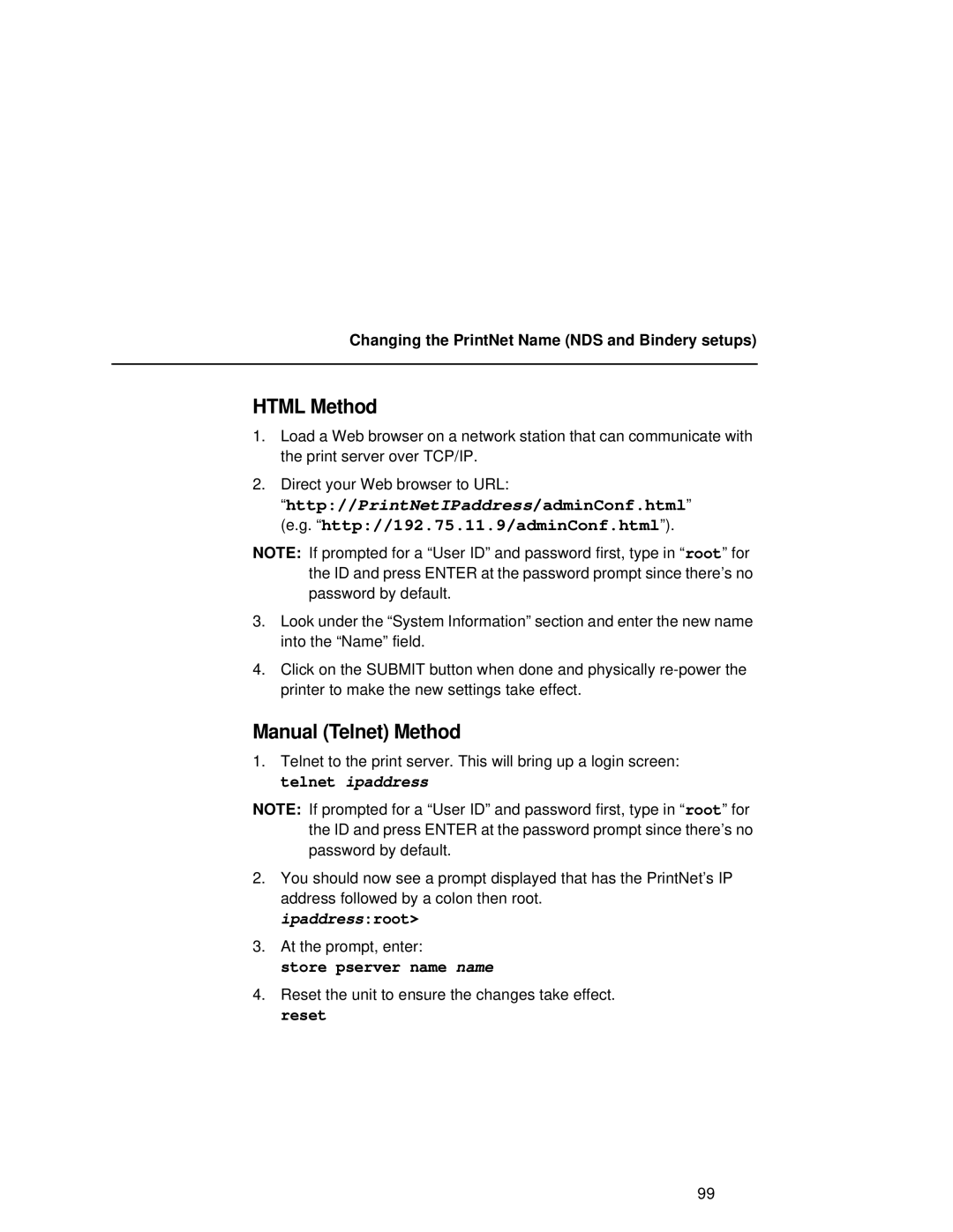 Fujitsu 9045 Html Method, Manual Telnet Method, Store pserver name name, Changing the PrintNet Name NDS and Bindery setups 