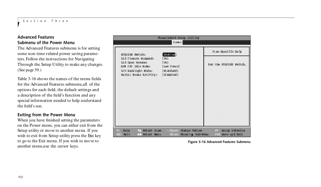 Fujitsu 990TX2 manual Advanced Features Submenu of the Power Menu, Exiting from the Power Menu 