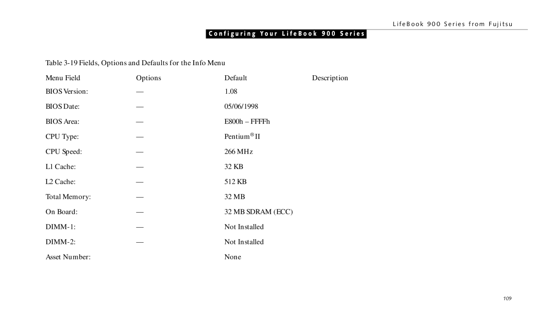 Fujitsu 990TX2 manual Fields, Options and Defaults for the Info Menu Menu Field 