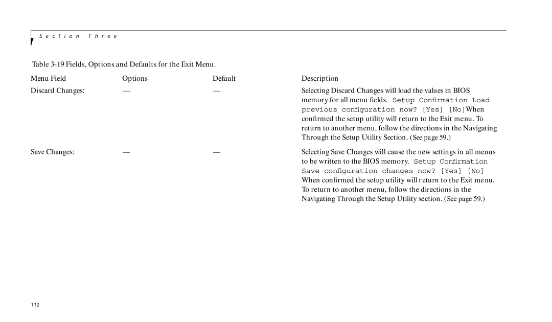 Fujitsu 990TX2 manual Fields, Options and Defaults for the Exit Menu Menu Field 