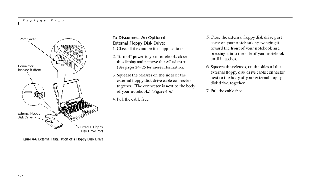 Fujitsu 990TX2 manual To Disconnect An Optional External Floppy Disk Drive, External Installation of a Floppy Disk Drive 