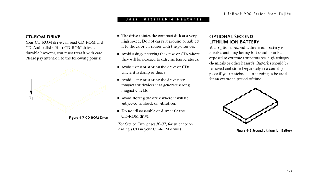 Fujitsu 990TX2 manual Optional Second Lithium ION Battery, CD-ROM Drive 