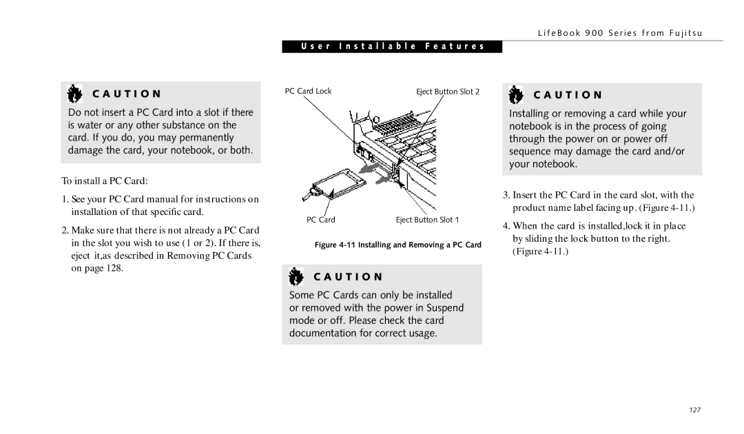 Fujitsu 990TX2 manual To install a PC Card, Installing and Removing a PC Card 