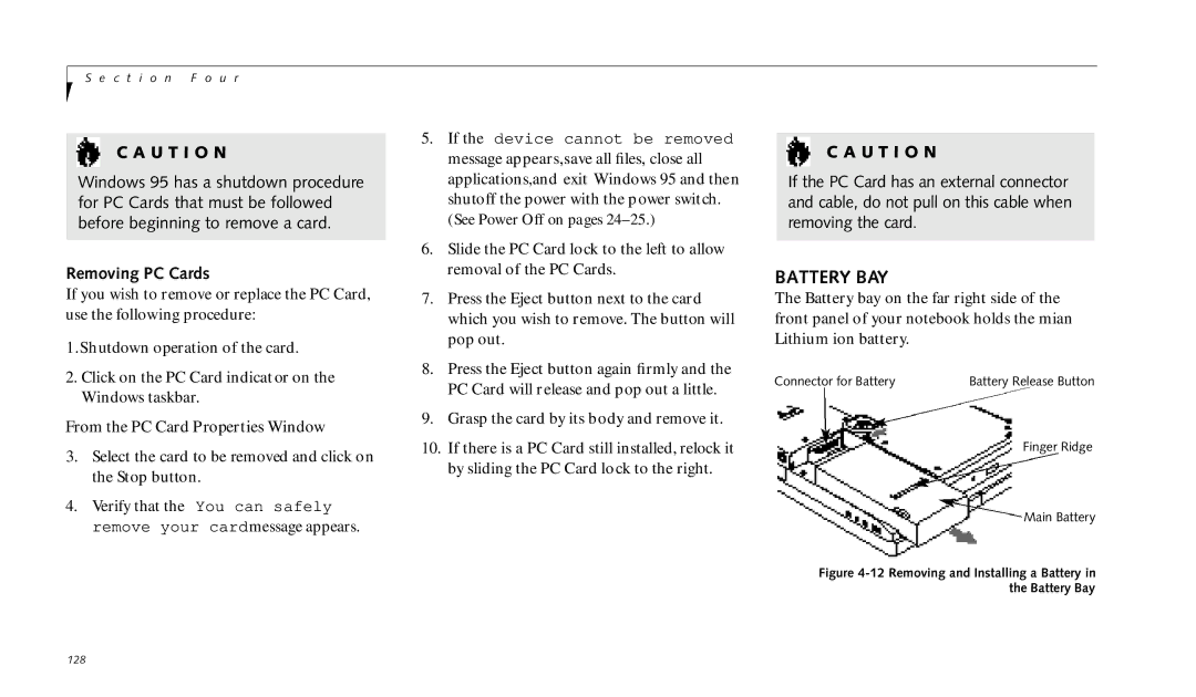 Fujitsu 990TX2 manual Battery BAY, Removing PC Cards, From the PC Card Properties Window 