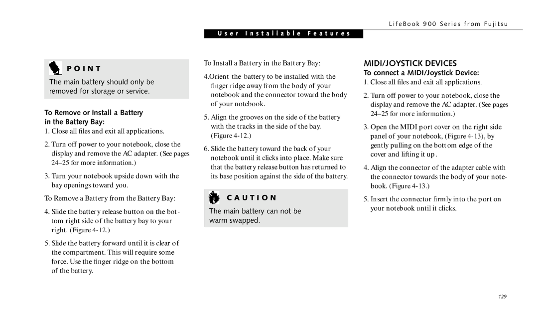 Fujitsu 990TX2 MIDI/JOYSTICK Devices, To Remove or Install a Battery in the Battery Bay, To connect a MIDI/Joystick Device 